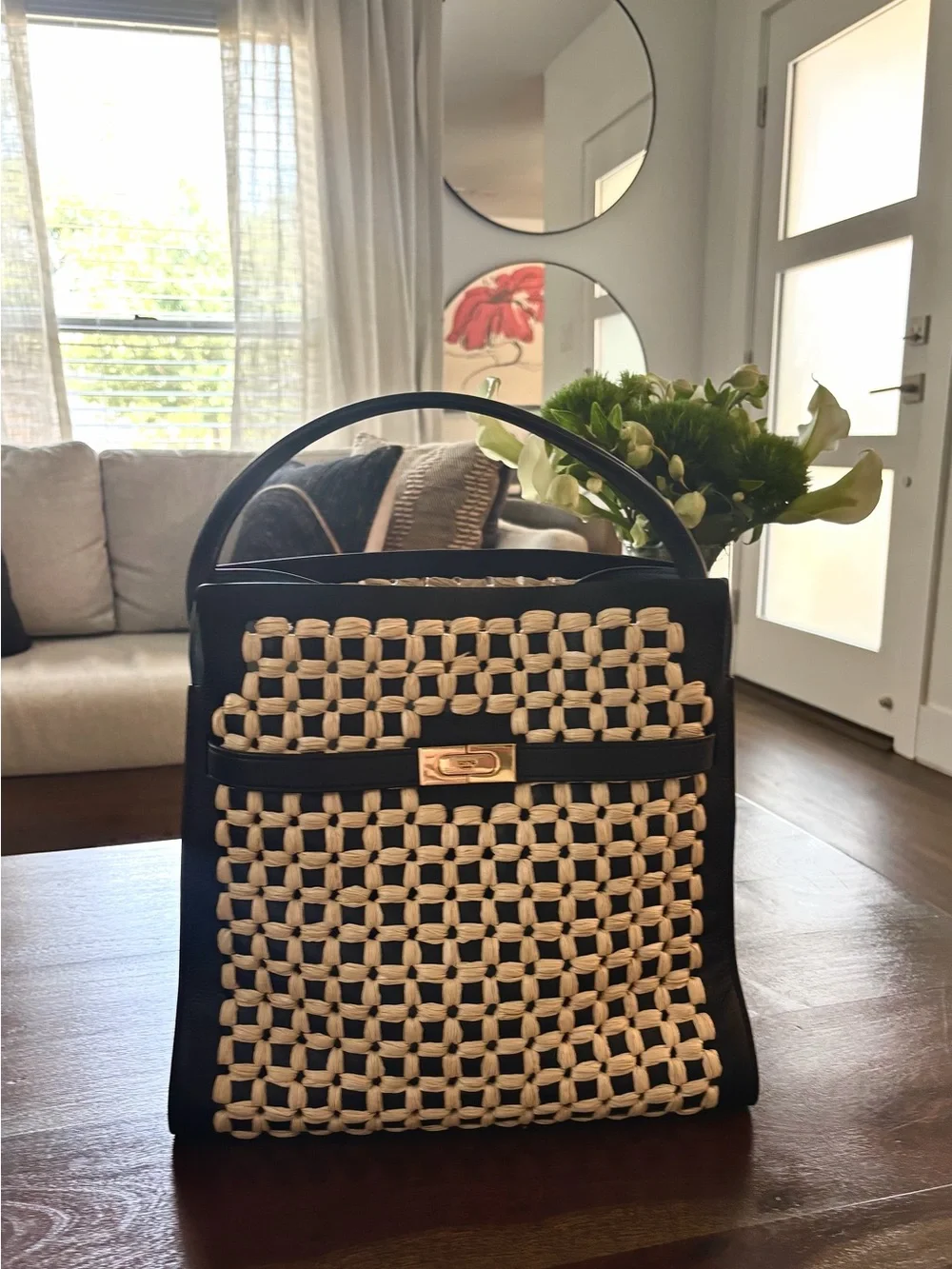 Tory Burch Black and Cream Woven Purse